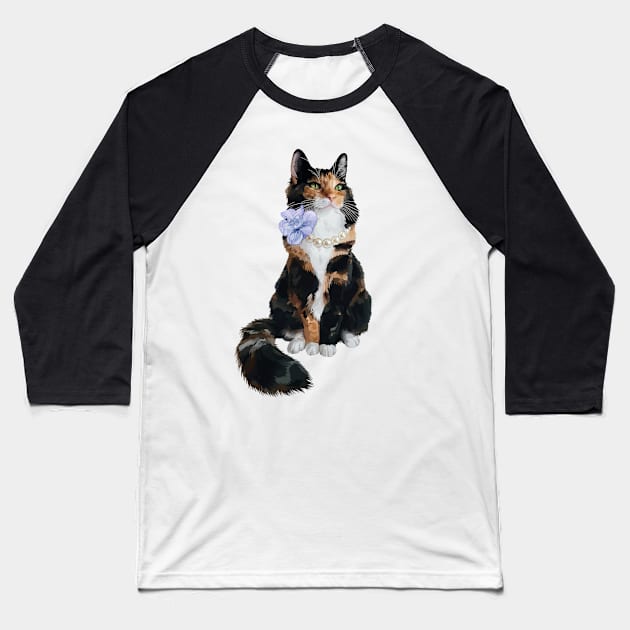 Glamorous Longhair Calico Cat with Pearls Baseball T-Shirt by CarleahUnique